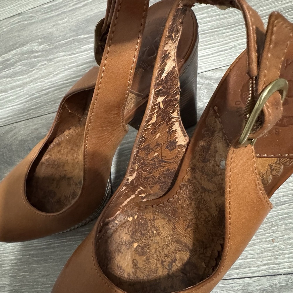 Lucky Brand Women's Brown Leather Heels Sz 8.5M Chunky Y2K Slingback Platform - Picture 5 of 13